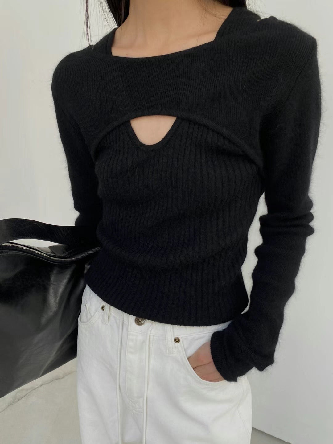 (Premium) Faux Two-Layers Knit Blouse