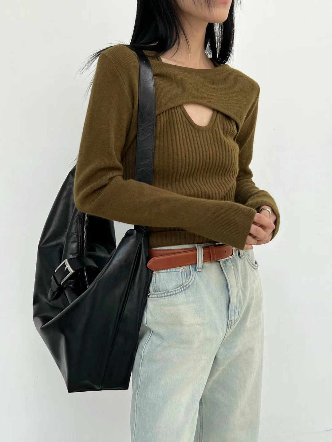 (Premium) Faux Two-Layers Knit Blouse