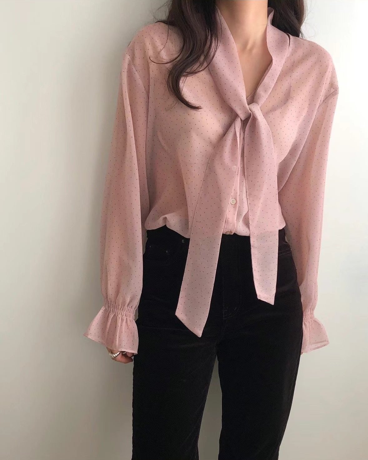 (Premium)  Tied-Neck Dotted Chiffon