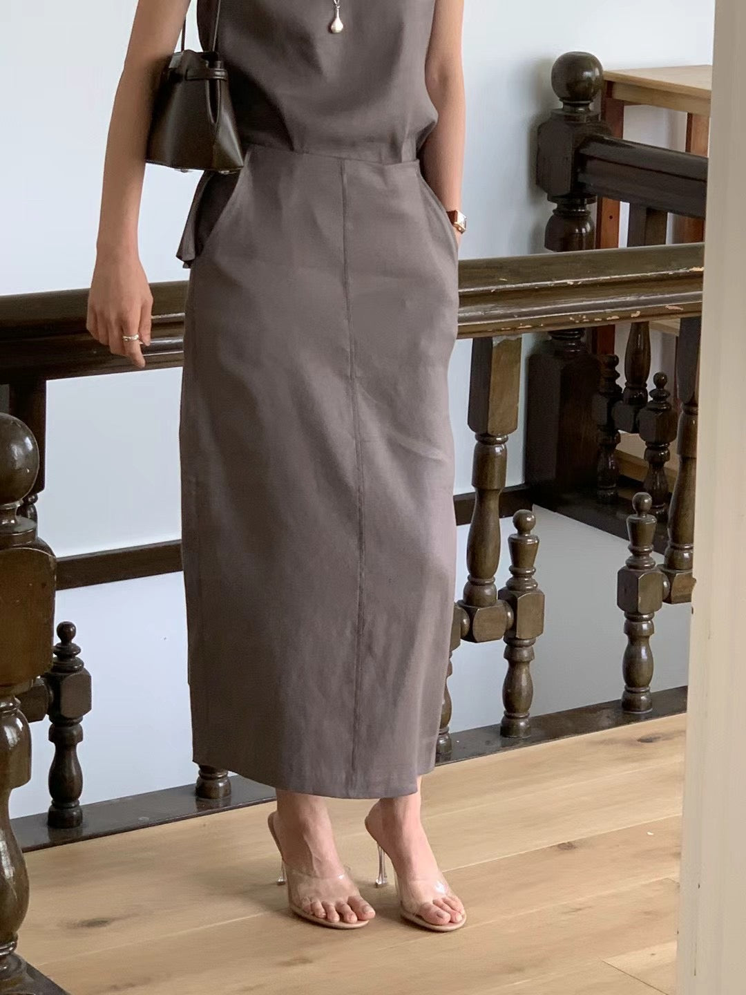 (Premium) Linen Sleeveless Pencil Skirt Set