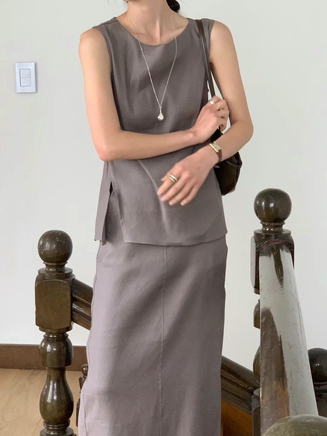 (Premium) Linen Sleeveless Pencil Skirt Set