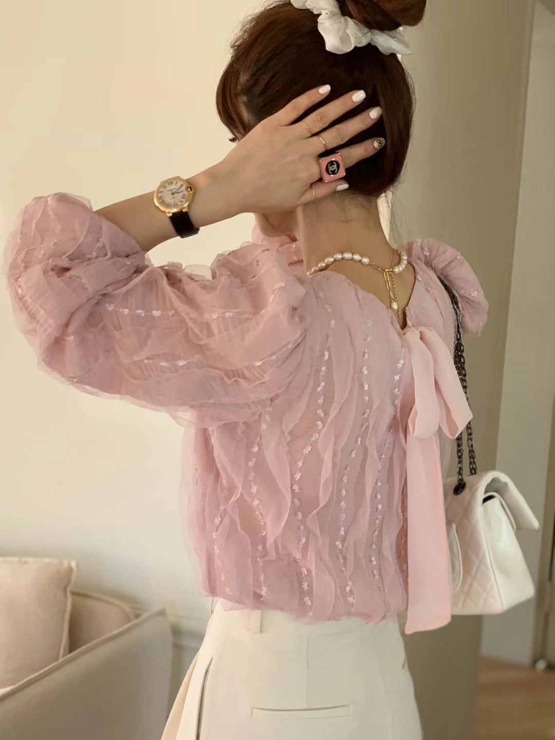 Romance Ruffles Chiffon Ribbon Blouse