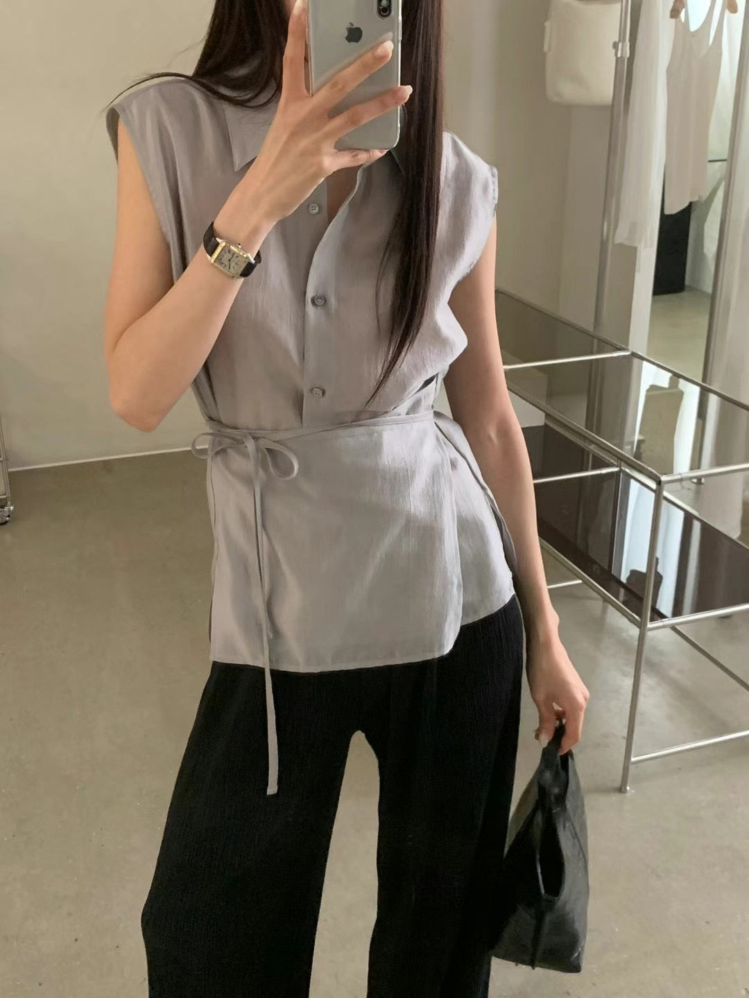 (Premium) See Though Sleeveless Wrapped Layers Tencel Shirt