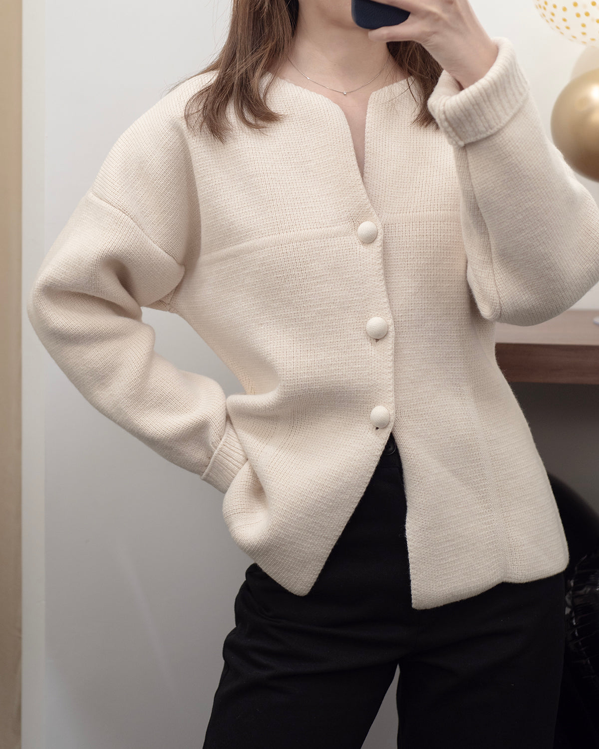 (PREMIUM) Elegance V Open Neck Knit Blazer with Ball Buttons