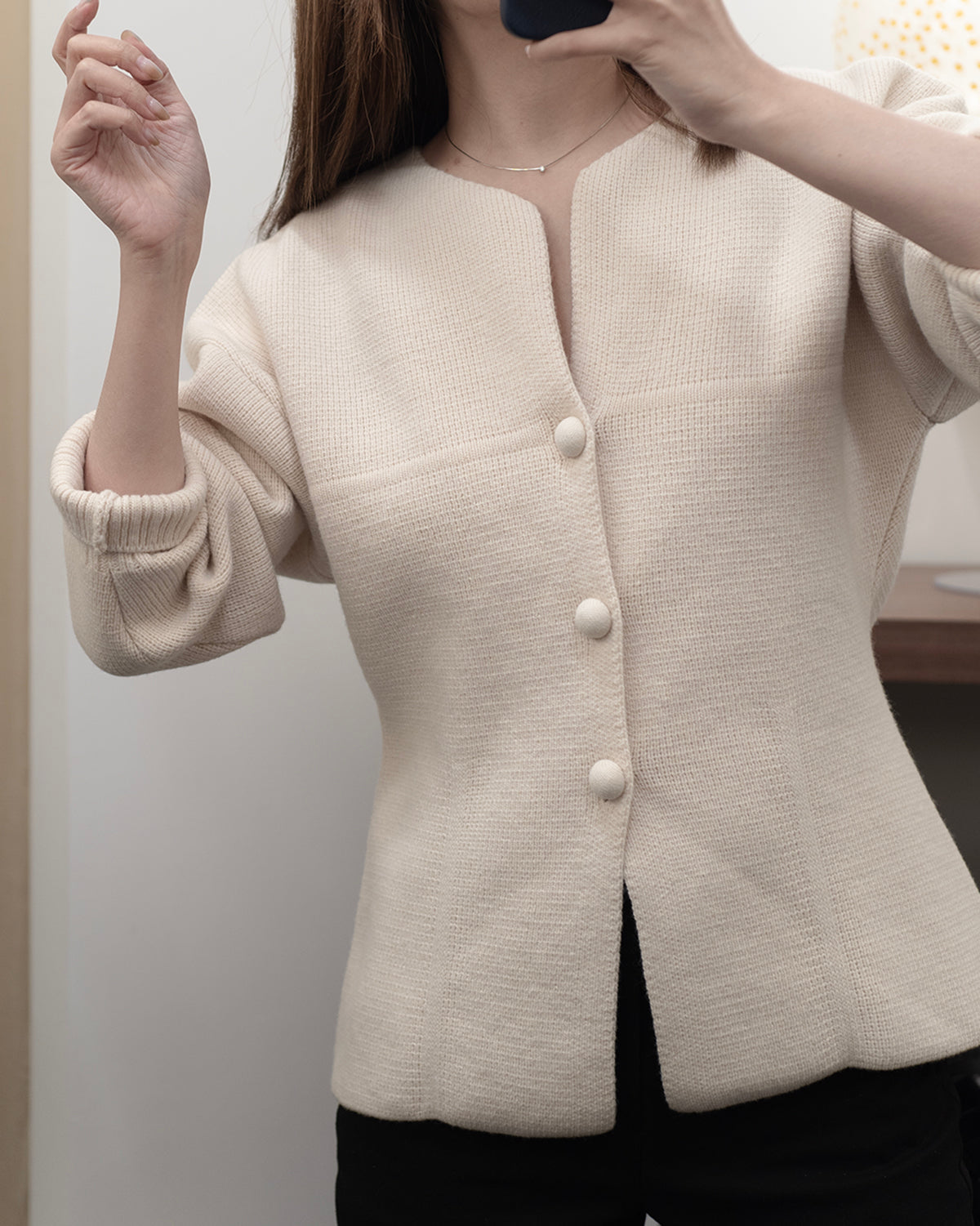 (PREMIUM) Elegance V Open Neck Knit Blazer with Ball Buttons