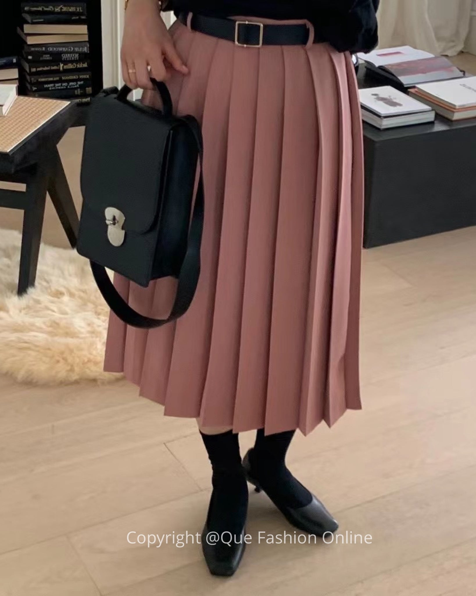 Pleated Skirt w/ Cow Leather Belt