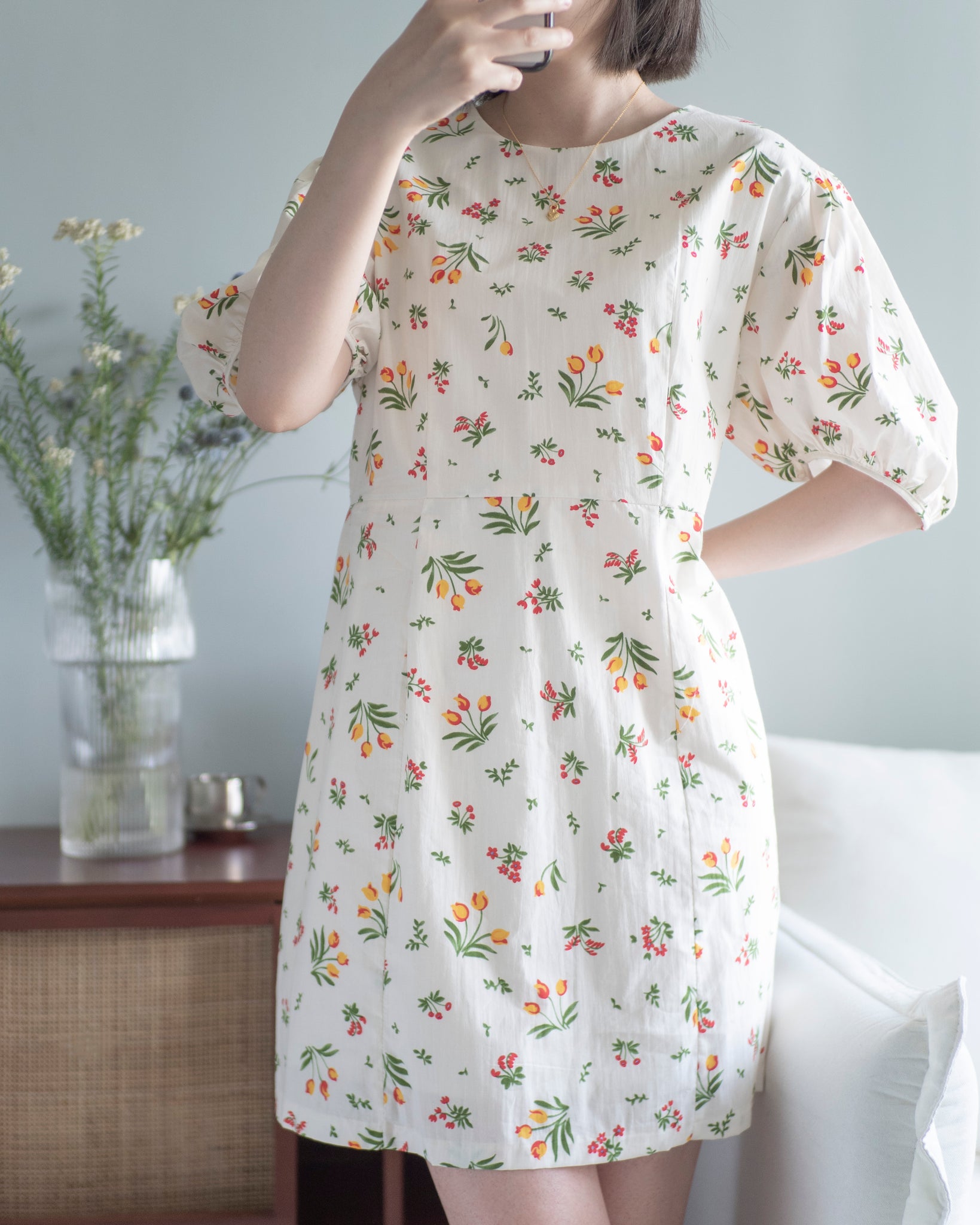 (Premium) Tulip Print Linen Dress